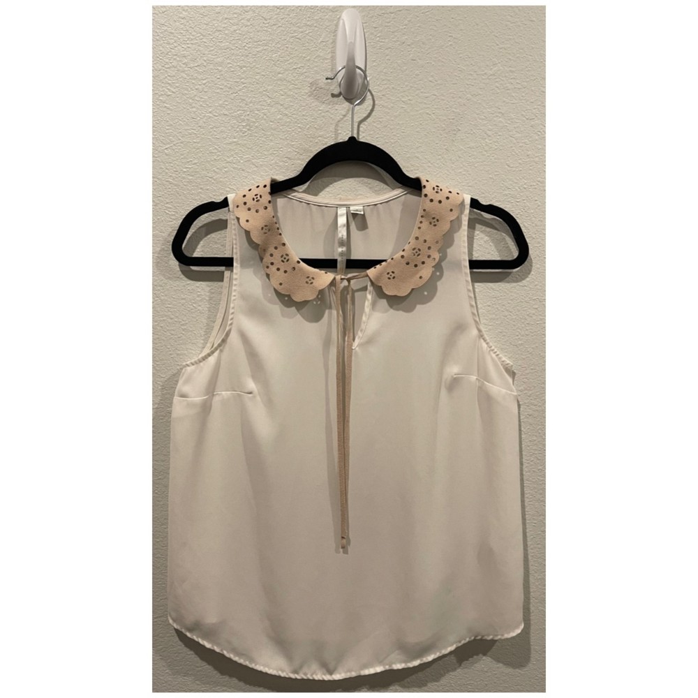 LC LAUREN CONRAD Antique White Self Tie Collar Sleeveless Blouse
